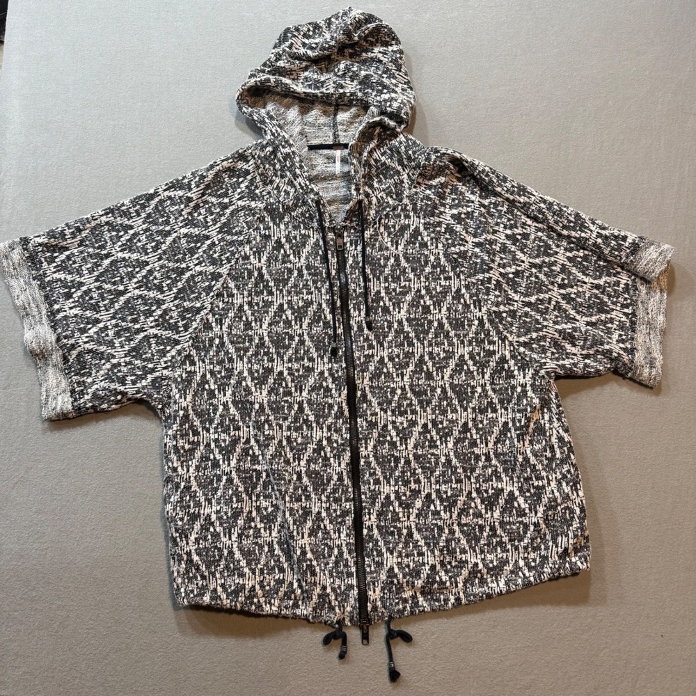 Free People Black and White Hooded Zip Poncho Sweater